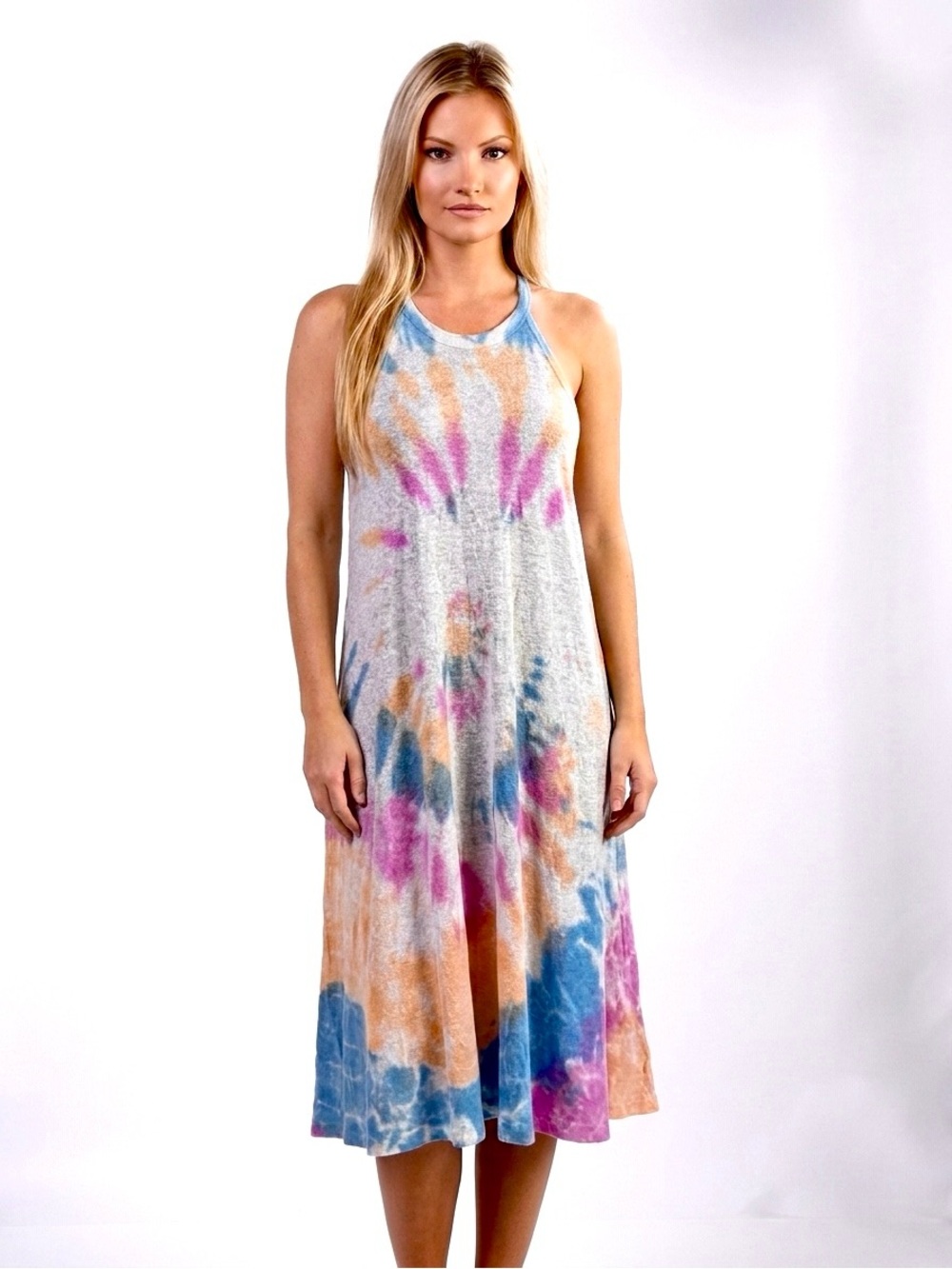 NWOT LACAUSA Hemp Organic Cotton Milti Color Pastel Tie Dye Halter Midi Swing M